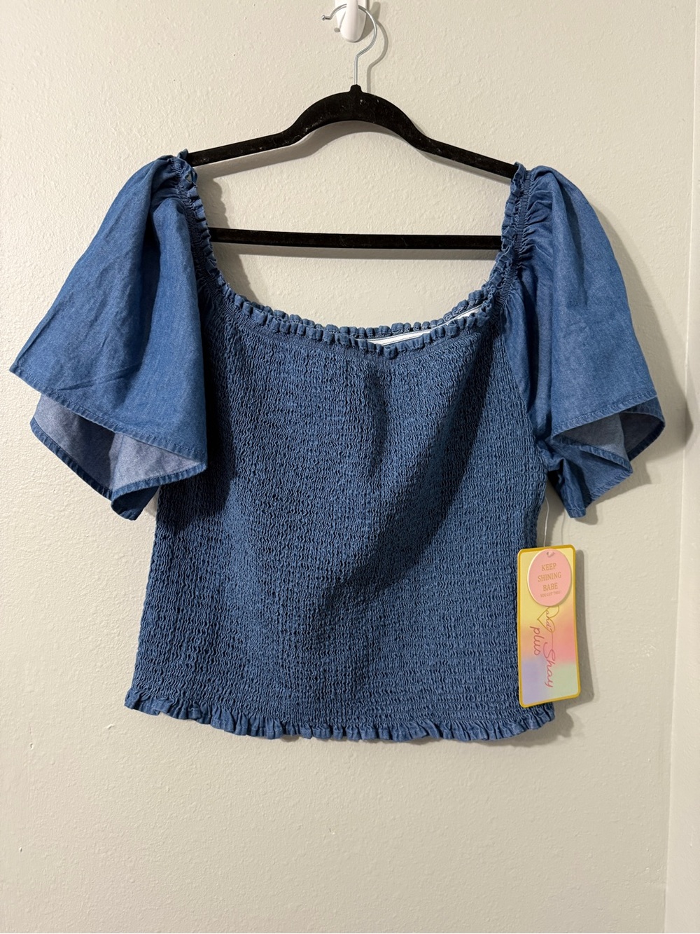 Adorable Denim Blue Stretchy Smocked Top with Fairy Flowy Sleeves 3XL NWT